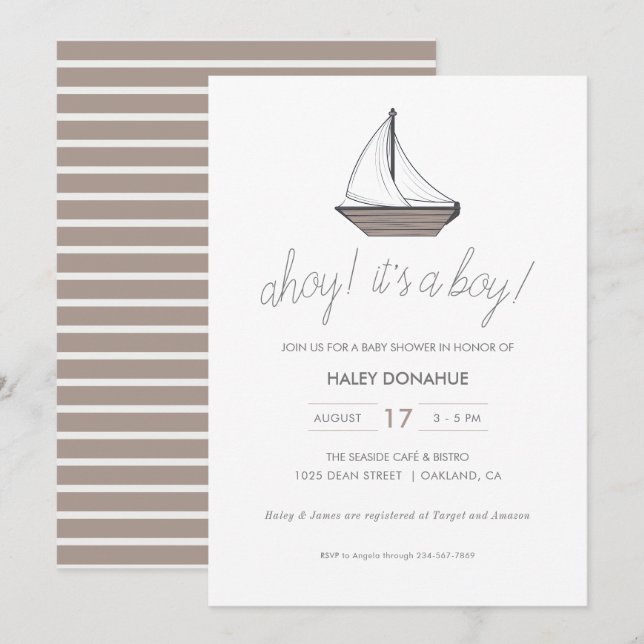 Ahoy! Das ist ein Junge! Baby Sailboat Einladung (Vorne/Hinten)