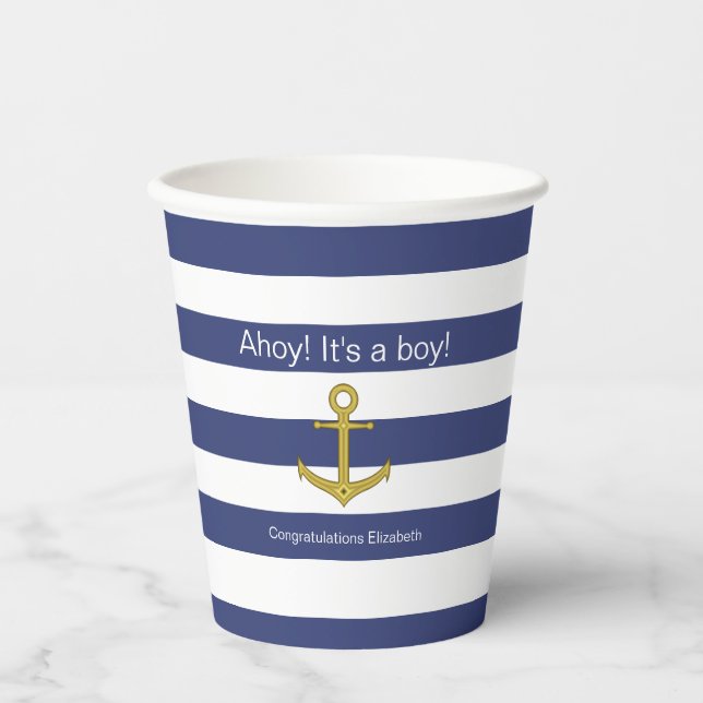 Ahoy! Das ist ein Junge! Blue White Nautical Baby  Pappbecher (Vorderseite)