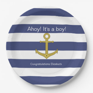 Ahoy! Das ist ein Junge! Blue White Nautical Baby  Pappteller
