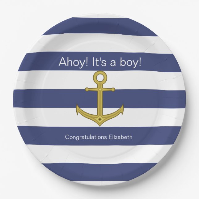 Ahoy! Das ist ein Junge! Blue White Nautical Baby  Pappteller (Vorderseite)