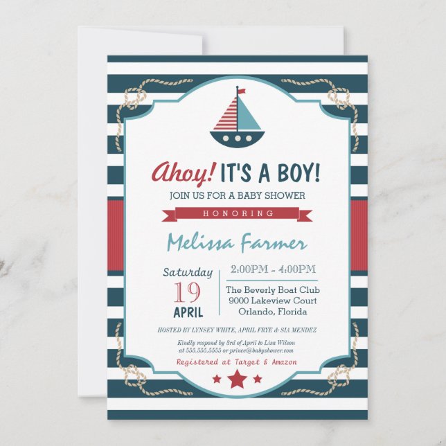Ahoy! Das ist ein Junge! Nautical Navy & Red Baby  Einladung (Vorderseite)