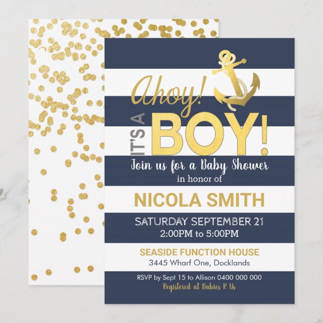 Ahoy es ist ein Baby Shower Einladung Gold Navy (Vorne/Hinten)