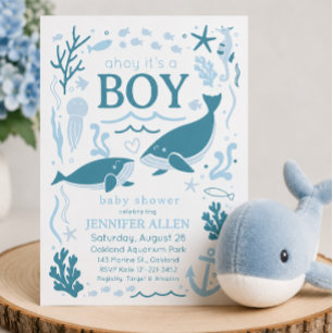 Ahoy, es ist ein Blauwal, nautische Babyparty Einladung