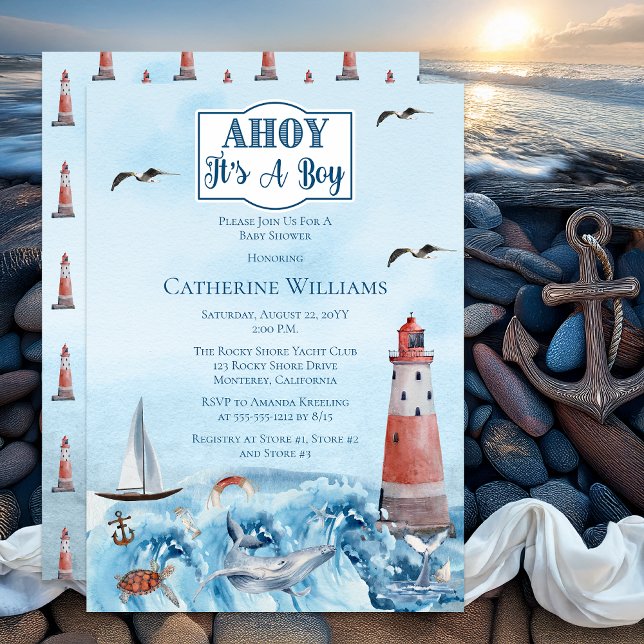 Ahoy Es ist ein Boy Lighthouse Ocean Baby Shower Einladung (Ahoy It's A Boy Lighthouse Ocean-Themed Nautical Boy Baby Shower Invitation - Print | Digital)