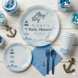 Ahoy, es ist ein Junge, nautische Leuchtturm-Baby- Pappteller