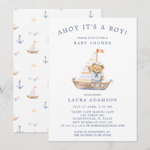 Ahoy, es ist ein Junge - Nautischer Teddybär-Baby- Einladung