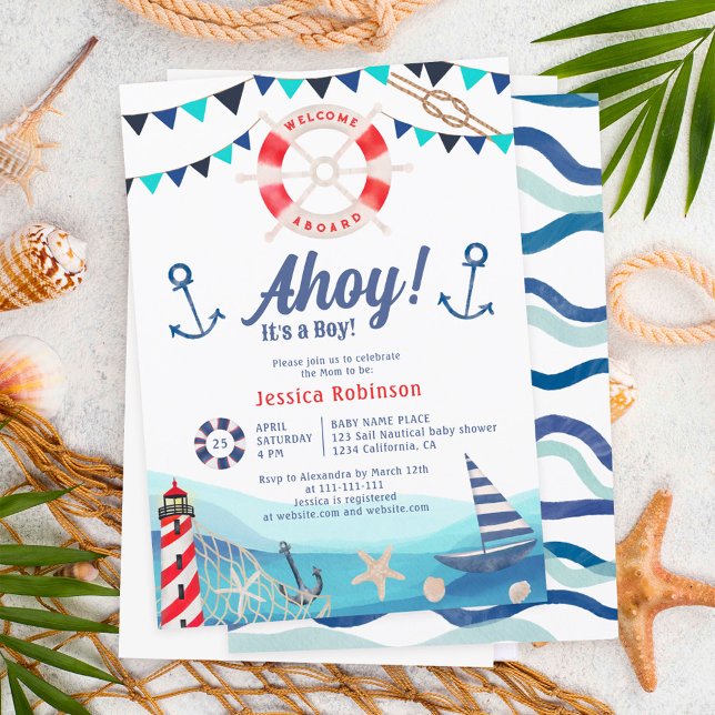 Ahoy es ist ein Junge Wasserschiff blaue rote Baby Einladung (Von Creator hochgeladen)