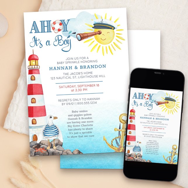 Ahoy es ist ein Niedliches Baby Sprinkle Einladung (Nautical Boy Baby Sprinkle invitation - message me to create additional templates
)