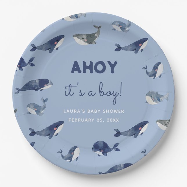 AHOY Es ist eine Baby Blue Whale Baby Dusche Pappteller (Vorderseite)