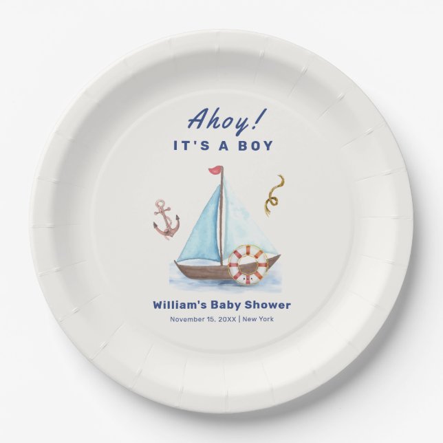Ahoy Es ist eine Babydusche mit Kinderschiff Pappteller (Vorderseite)