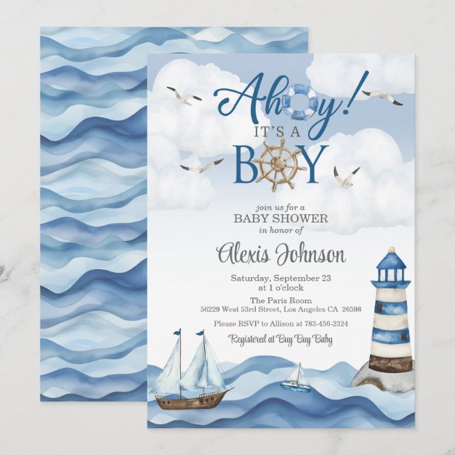 Ahoy es ist eine Boy Baby Shower Einladung (Vorne/Hinten)