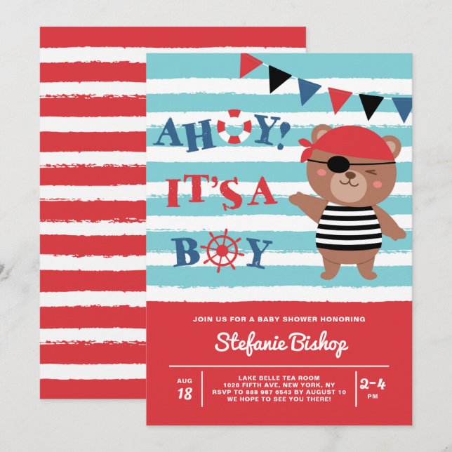 Ahoy Es ist eine Boy Pirate Bear Nautical Baby Dus Einladung (Vorne/Hinten)