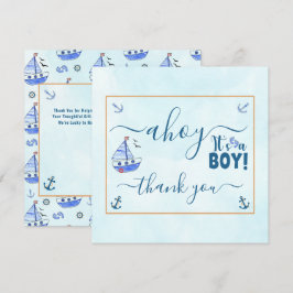 Ahoy es ist eine Boy Sailboat Nautical Baby Dusche Dankeskarte