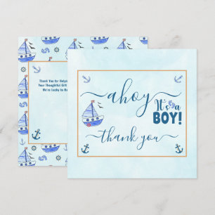 Ahoy es ist eine Boy Sailboat Nautical Baby Dusche Dankeskarte