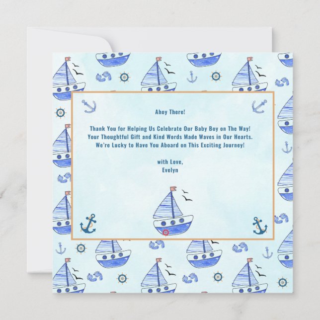 Ahoy es ist eine Boy Sailboat Nautical Baby Shower Dankeskarte (Rückseite)