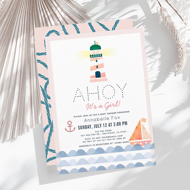 Ahoy Es ist eine Mädchen-Nautical-Pink-Girl-Kinder Einladung (Von Creator hochgeladen)
