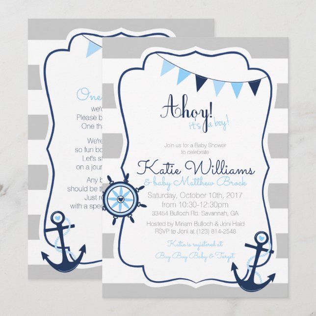 Ahoy hat eine Boy Nautical Blue Gray Baby Duschkar Einladung (Vorne/Hinten)
