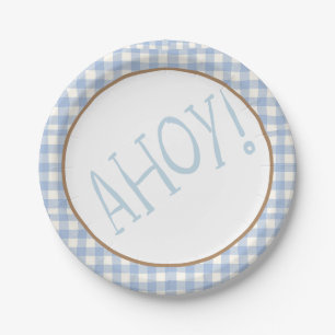 Ahoy ist ein Baby aus Blau und Weiß Pappteller