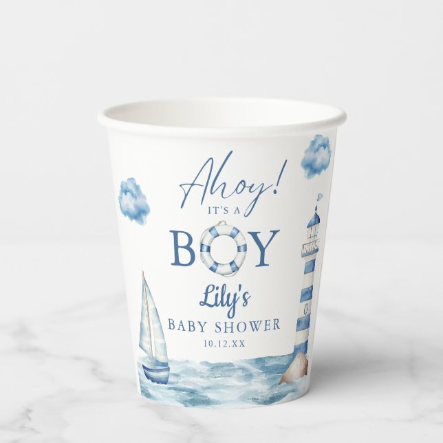 Ahoy ist ein Baby Nautical Baby Dusche Pappbecher (Rückseite)