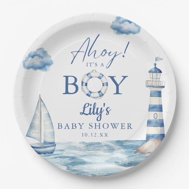 Ahoy ist ein Baby Nautical Baby Dusche Pappteller (Vorderseite)