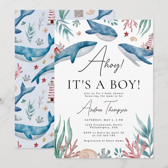 Ahoy ist ein Junge Wal unter der Sea Baby Dusche Einladung (Vorne/Hinten)