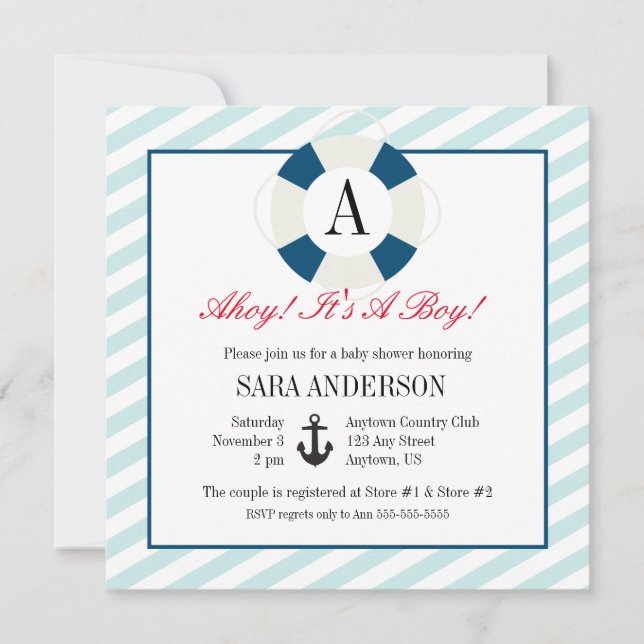 Ahoy ist eine Baby-Nautical-Monogramm-Babydusche Einladung (Vorderseite)