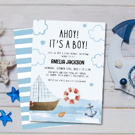 Ahoy ist eine junge blaue Sailboat Babydusche Einladung