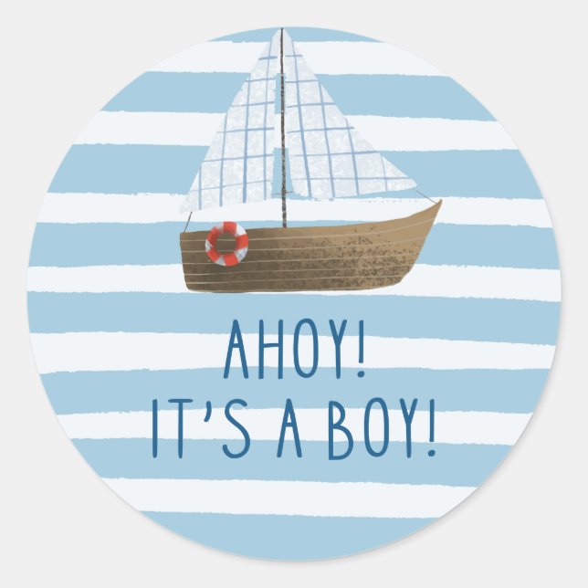 Ahoy ist eine junge blaue Sailboat Babydusche Runder Aufkleber (Vorderseite)