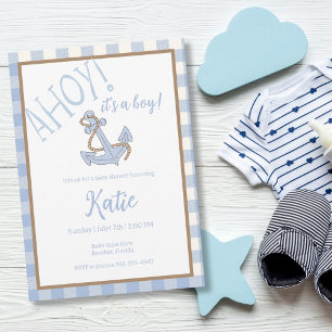 Ahoy ist eine junge, blaue und weiße Babydusche Einladung