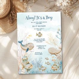 Ahoy ist eine junge Blue Beige Coral Whale Baby Du Einladung