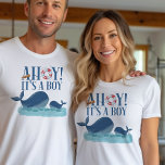 Ahoy ist eine weibliche Genderoffenbarung T-Shirt<br><div class="desc">Wie auch immer, es ist ein T - Shirt zum Thema "Junge Ozeane" für Gender-Enthüllung, Geburtsankündigung, Babydusche, Schluck und Sehen usw. "Ahoy! Es ist ein Junge" wird in dekorativer Typografie mit einem Boy und Kapitän-Teleskop geschrieben. Das fröhliche Wal-Design ist eine niedliche Aquarell von Mami- und Babywalen, die im Ozean schwimmen....</div>