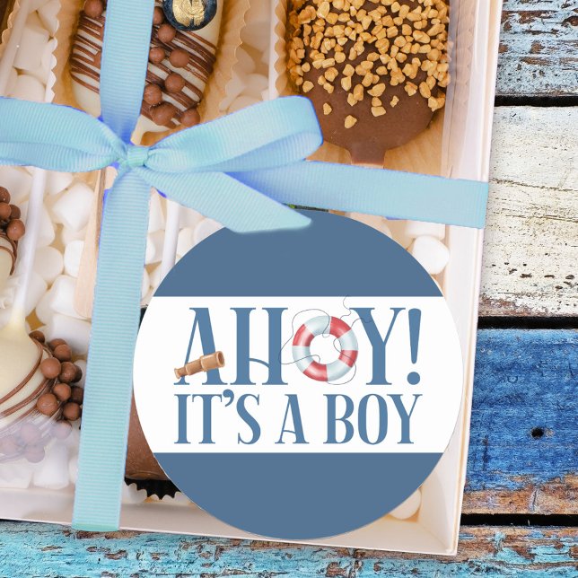 Ahoy It a Boy Blue Typografy Runder Aufkleber (Boy baby shower stickers from my Happy Whale collection. Message if you need different items.
)