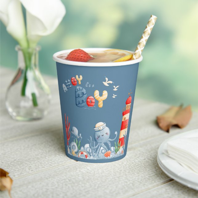 Ahoy It is a Boy Blue Nautical Baby Shower Pappbecher (In Situ)