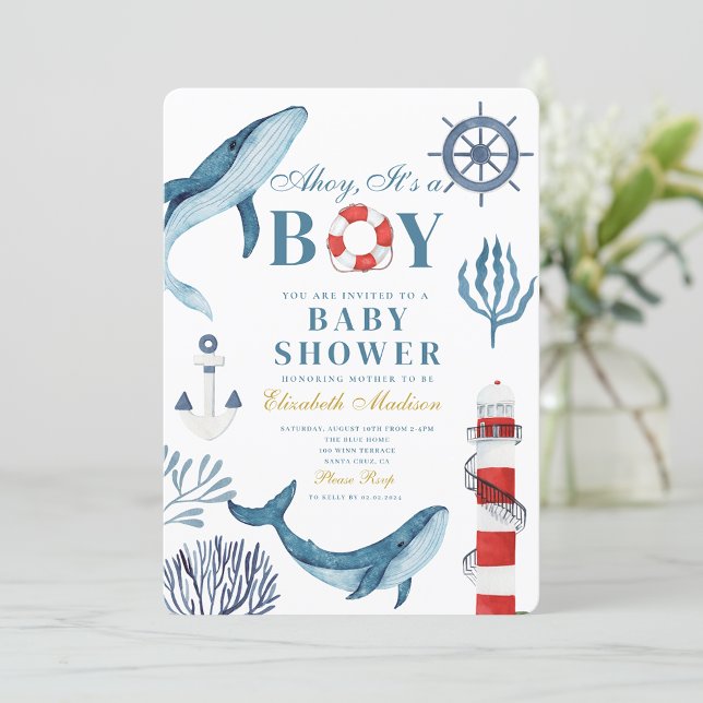 Ahoy It is a boy Sailor Whale Sea Baby Shower Einladung (Von Creator hochgeladen)