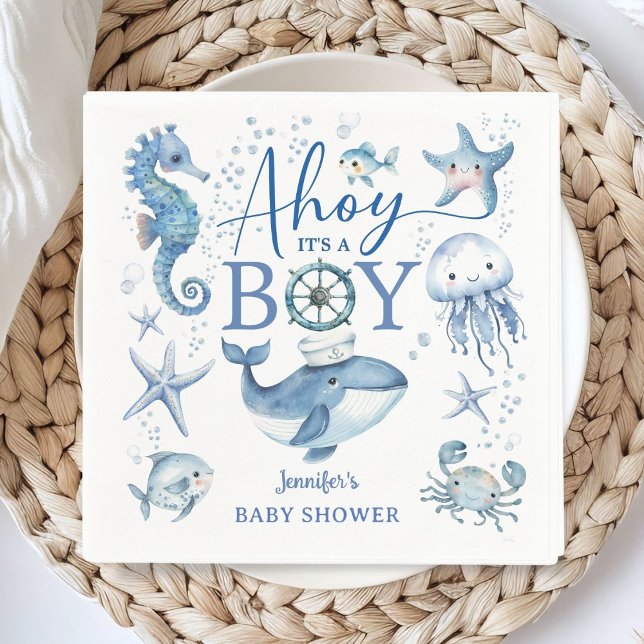 Ahoy It's a Boy Blue Nautical Sailor Baby Shower Serviette (Von Creator hochgeladen)