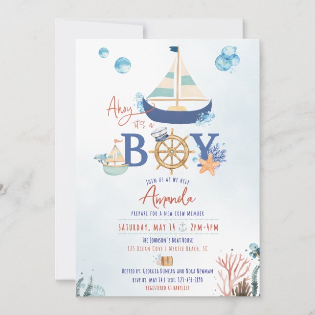 Ahoy It's a Boy Nautical Baby Shower Invite Einladung (Vorderseite)