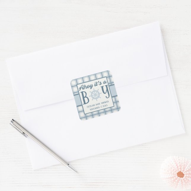 Ahoy It's A Boy Nautical Baby Shower Quadratischer Aufkleber (Umschlag)