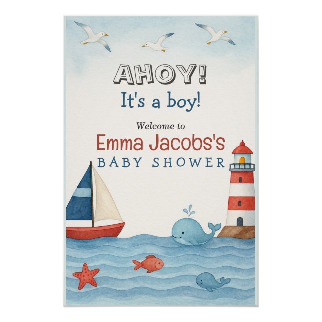 Ahoy It's a Boy Nautical Baby Shower Willkommen Poster (Vorderseite)