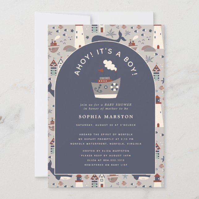 Ahoy It's a Boy Nautical Blue Baby Shower  Einladung (Vorderseite)