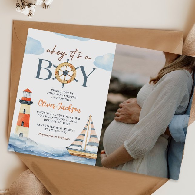 Ahoy It's a Boy Nautical Boy Baby Shower Foto Einladung (Von Creator hochgeladen)