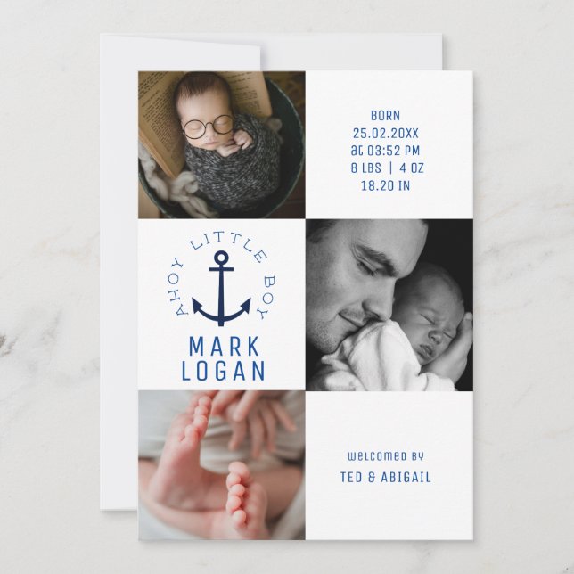 Ahoy Little Boy Foto Collage Anchor Blue Birth Ankündigung (Vorderseite)