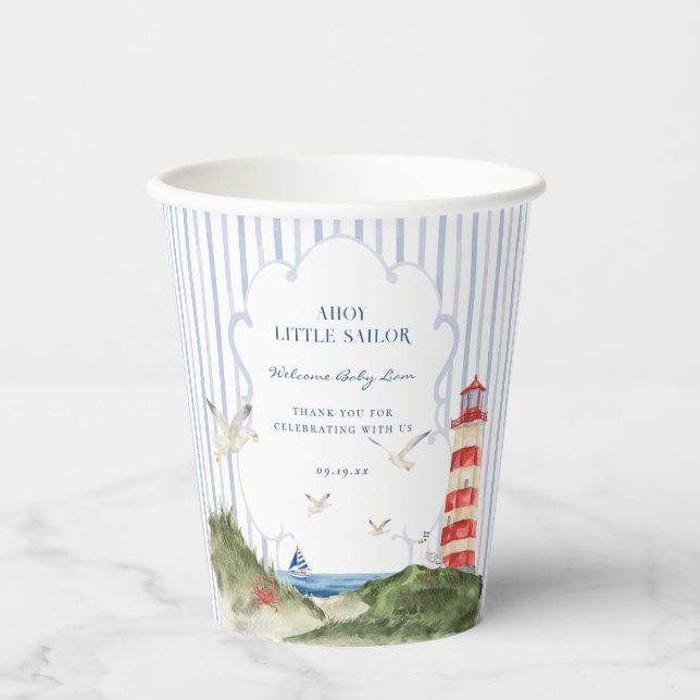 Ahoy Little Sailor Nautical Baby Dusche Pappbecher (Vorderseite)