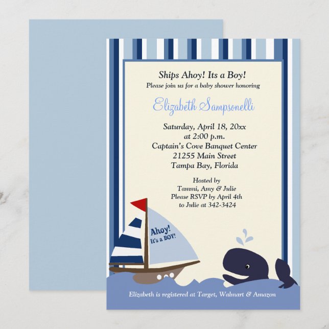Ahoy Mate Blue Stripe Whale Baby Dusche 12x18 Einladung (Vorne/Hinten)