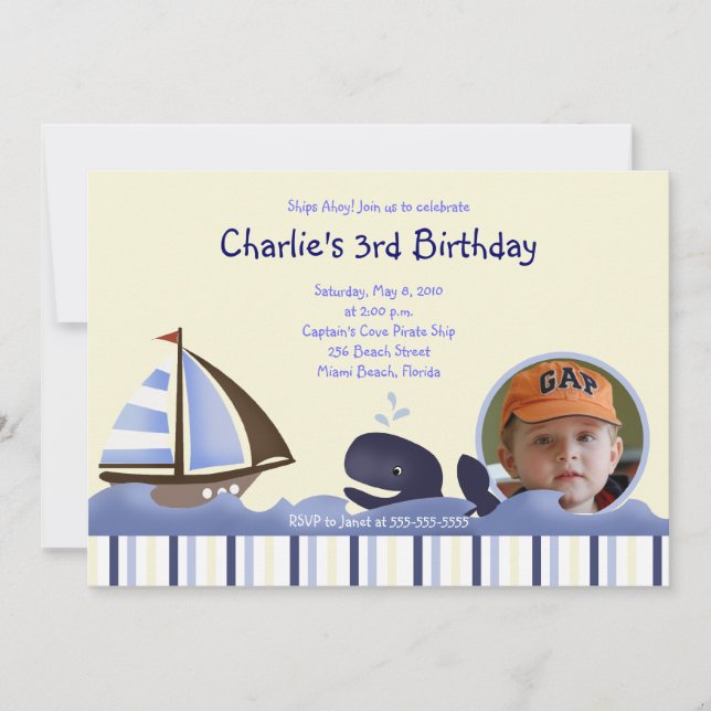 Ahoy Mate Blue Whale Birthday 12x18 Foto Einladung (Vorderseite)