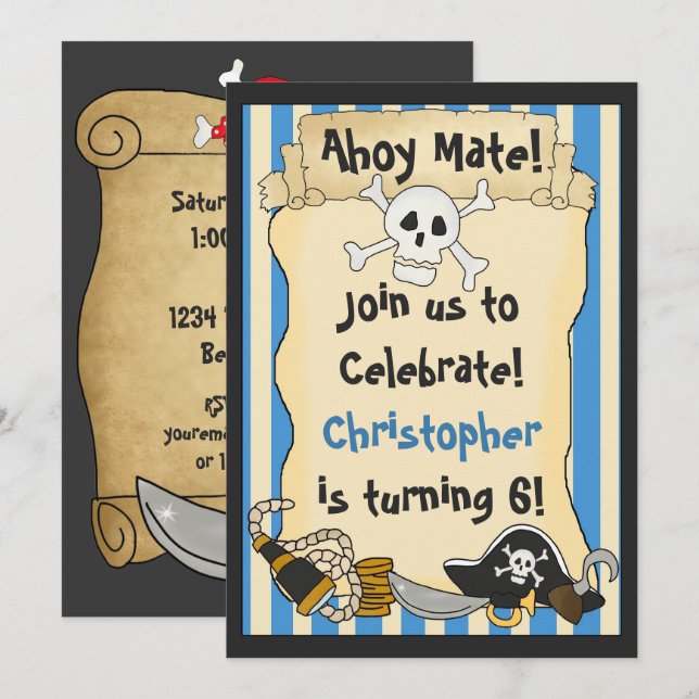 Ahoy Mate! Pirate Skull n Crossbones Blue Birthday Einladung (Vorne/Hinten)