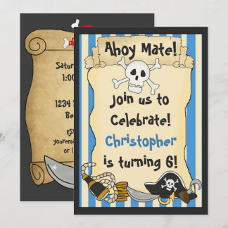 Ahoy Mate! Pirate Skull n Crossbones Blue Birthday Einladung