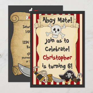 Ahoy Mate! Pirate Skull n Crossbones Red Birthday Einladung