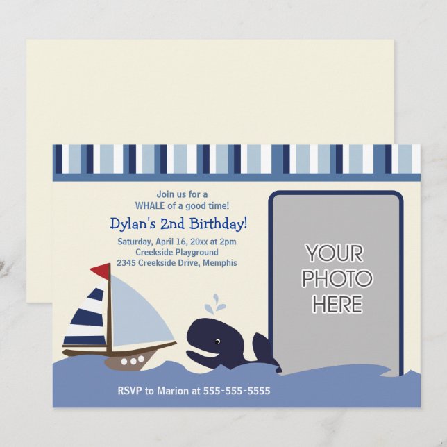 Ahoy Mate Sailboat Navy Whale Birthday Foto Einladung (Vorne/Hinten)