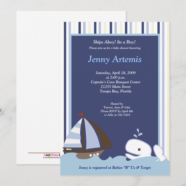 Ahoy Mate Whale Sailboat Boy Nautical Baby Dusche Einladung (Vorne/Hinten)