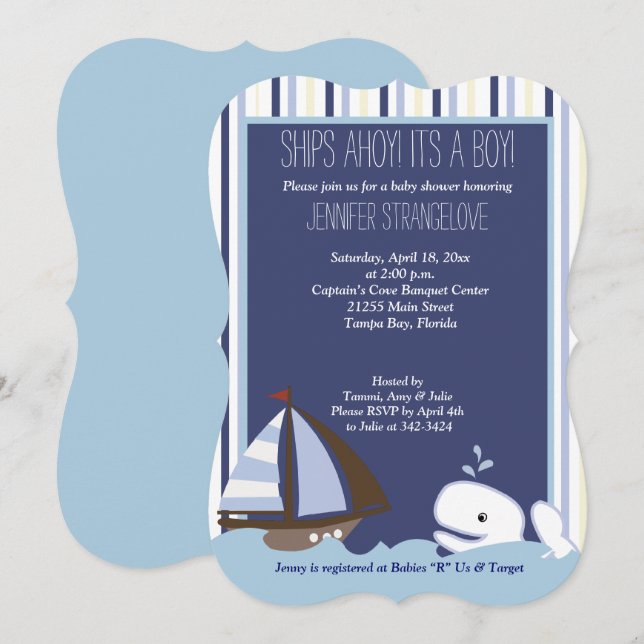 Ahoy Mate Whale Sailboat Kinderdusche die Schnitt Einladung (Vorne/Hinten)